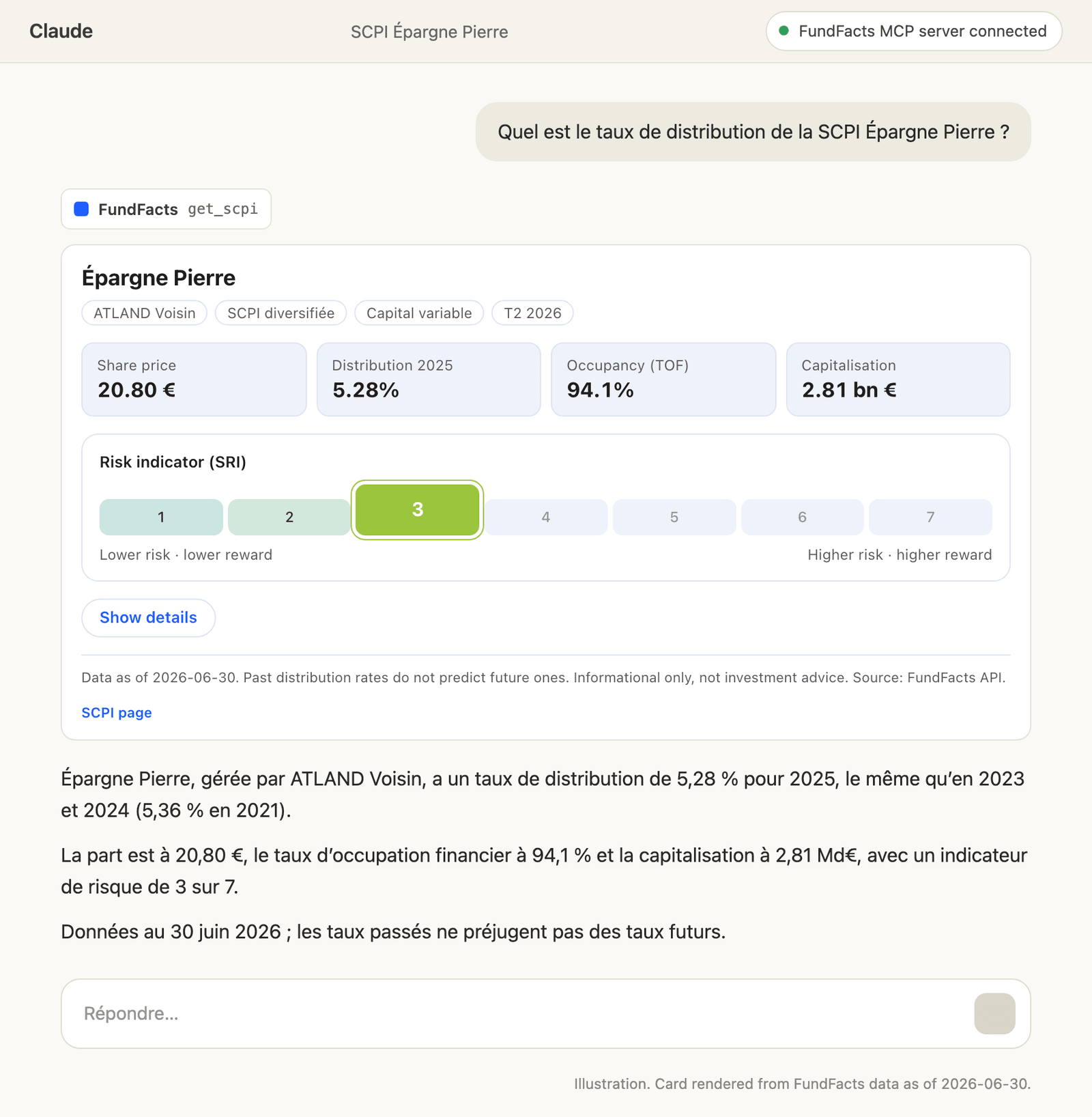 Illustration: FundFacts SCPI card in Claude